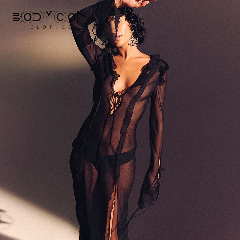 

Bodycon Women Long Sleeve Mesh See Through Bodycon Beach Vacation Long Dress 2022 Summer Autumn Wholesale Items For Business