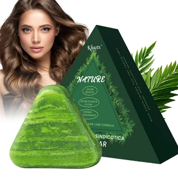 Barretta shampoo sapone triangolare verde con erba Usman - Shampoo solido foglia di cipresso naturale per la cura dei capelli a base di erbe naturali, calmante
