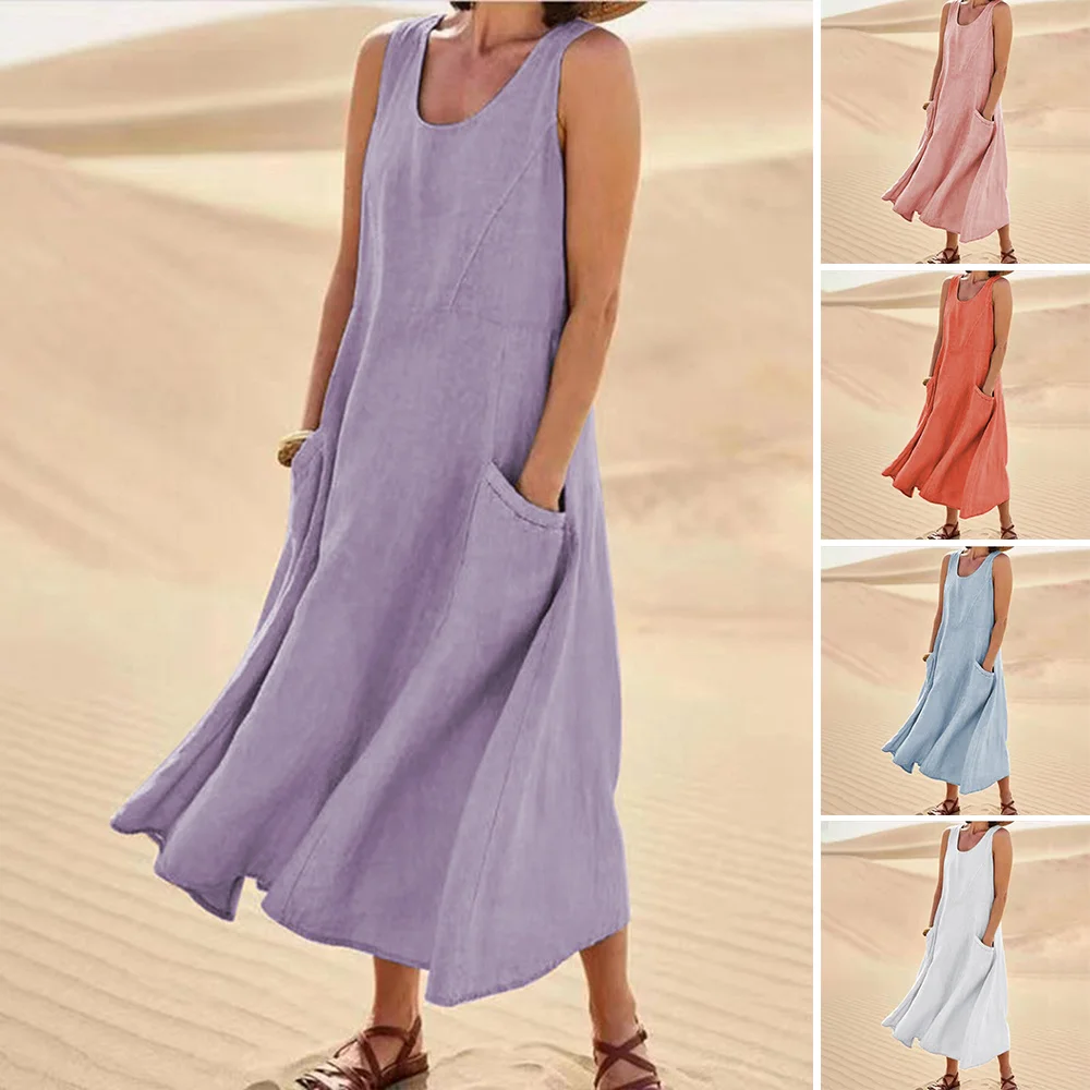 

Women's Sleeveless Cotton Linen Dress With Pockets Boho Style Beach Tank Dress Crew Neck For Daily Vacation Loose Fit Pr Sale
