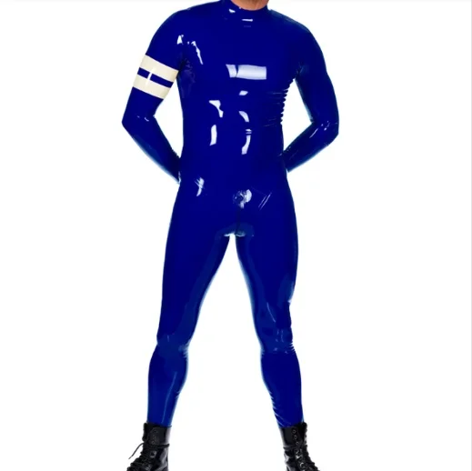 

Latex Rubber Dunkelblau Catsuit Dekoratives Weiß Kostüm Anzug Zip 0.4mm S-XXLCosplay,Masquerade