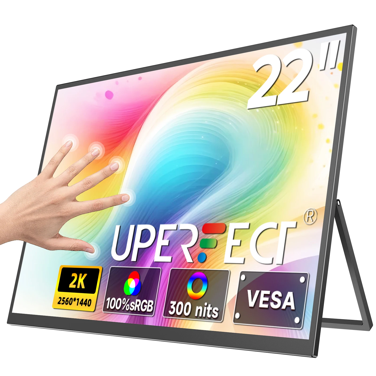 UPERFECT 22" moniteur d'écran tactile portable 2560 * 1440 VESA intégré support réglable USB-C HDMI QLED FreeSync HDR 100% DCI-P3Second écran tactile externe pour ordinateur portable / PC / téléphone