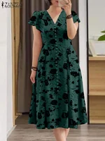 Women Elegant OL Work Floral Mid-calf Sundress ZANZEA Fashion Summer V Neck Short Sleeve Printed Dress Vintage Holiday Vestido - Image 3