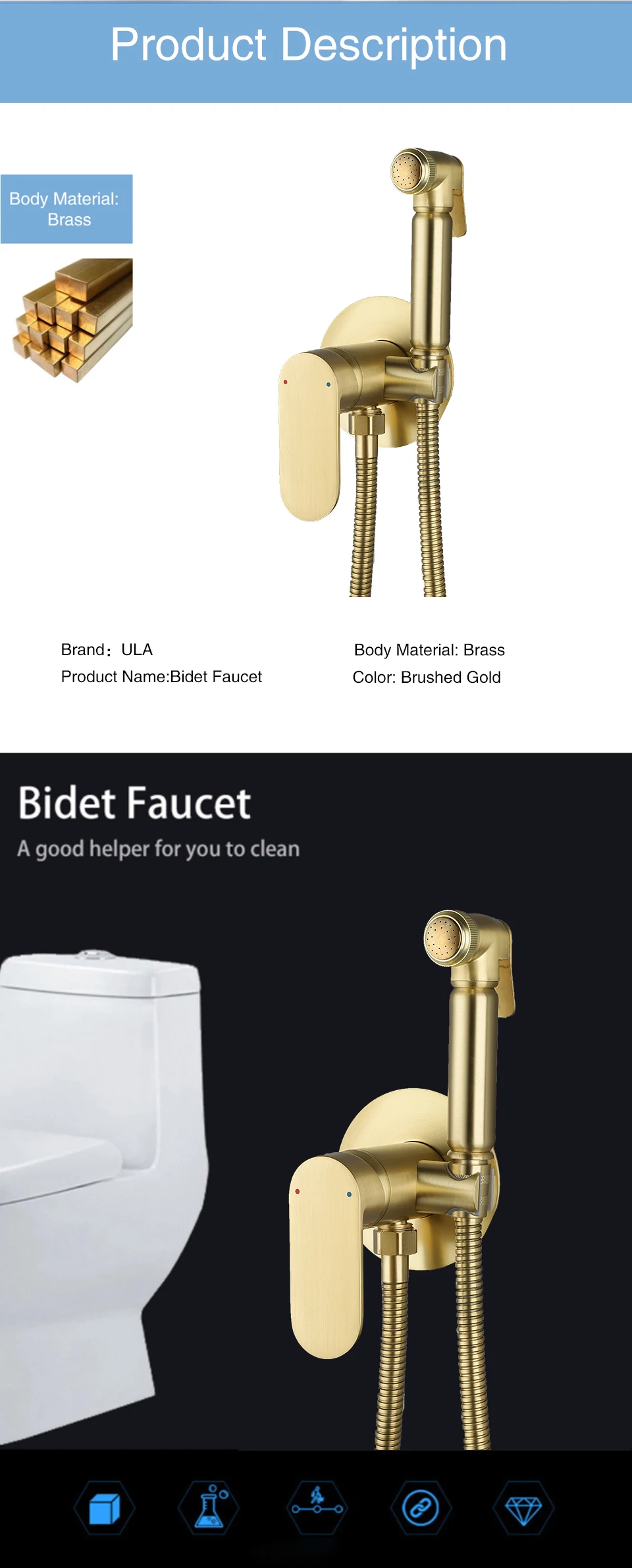 Description Picture 3 of itemULA Hot Cold Mixer Water Bidet Faucet Brass Gold Tap Portable Bidet Sprayer Shower Set Toilet Shattaf Set Bidet Hygienic Shower