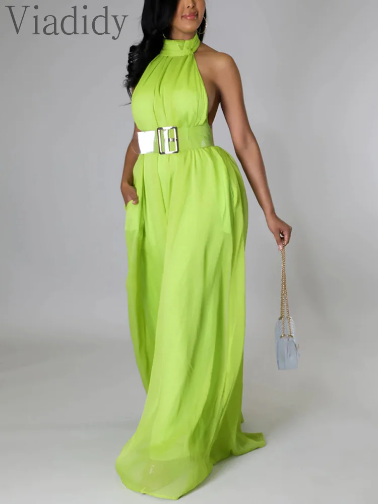 

Women Sexy Solid Color Sleeveless Halter Chiffon Wide Leg Jumpsuits