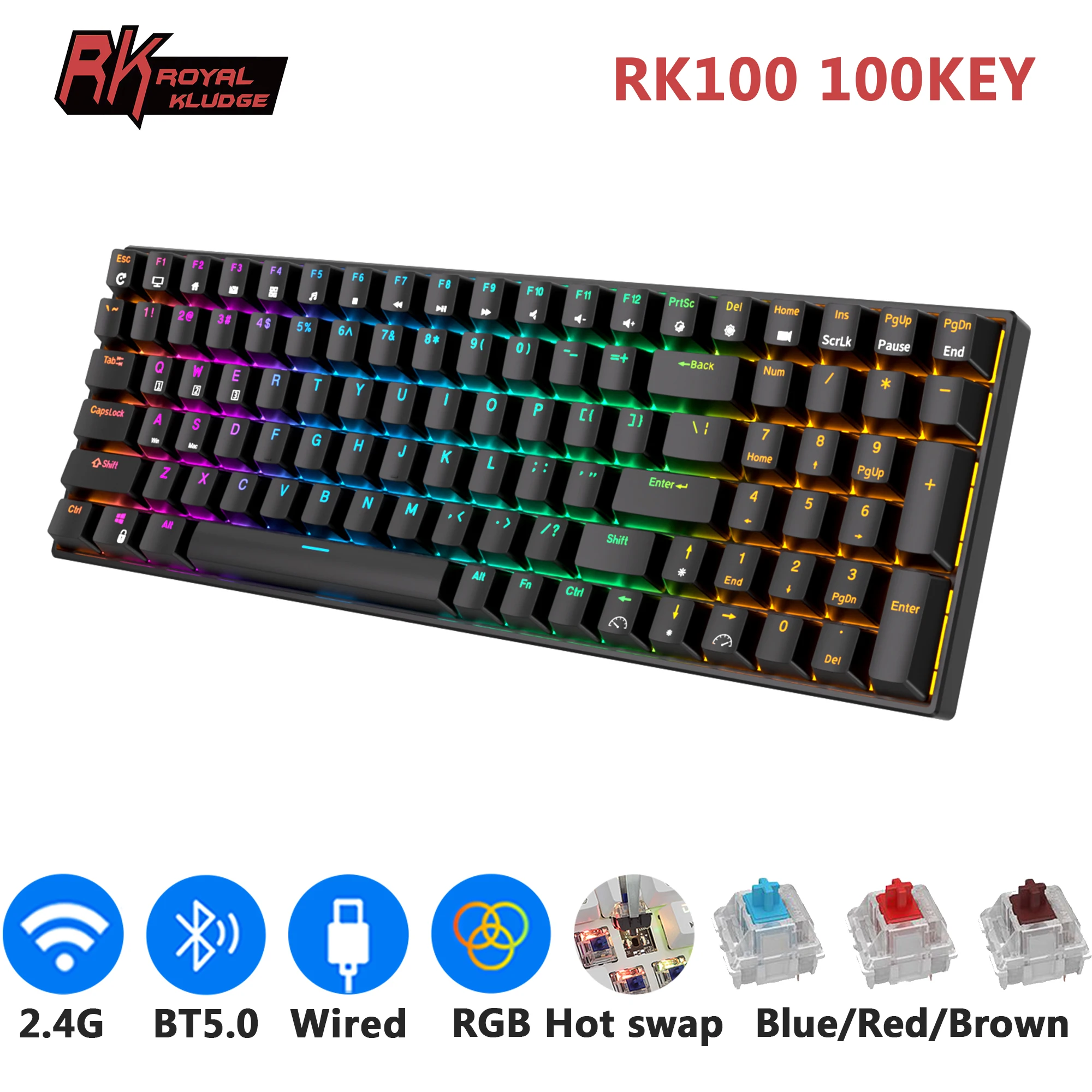 Rk Royal Kludge Rk100 2.4g Wireless/bluetooth/wired Rgb Mechanical Keyboard  100 Keys Hot Swappable Gaming Keyboard For Win/mac Keyboards AliExpress