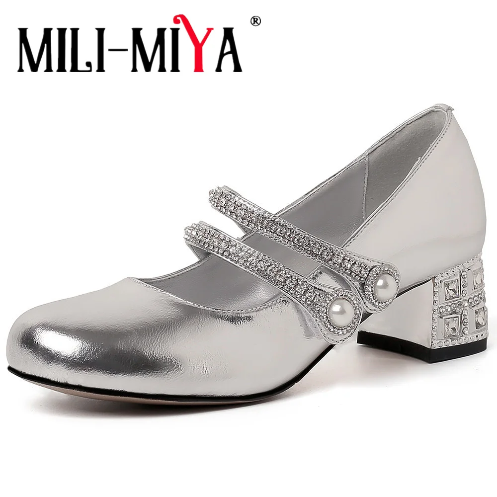 

MILI-MIYA Fashion Crystal Thick Heels Round Toe Mary Janes Shoes Women Cow Leather Pumps Buckles Trap Dress Party Handmade