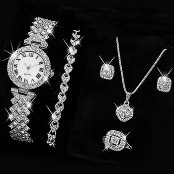 5PCS Set Watch Ring Necklace Earrings for Women Rhinestone Wristwatch Female Casual Ladies Watches Bracelet Set Clock (No Box)