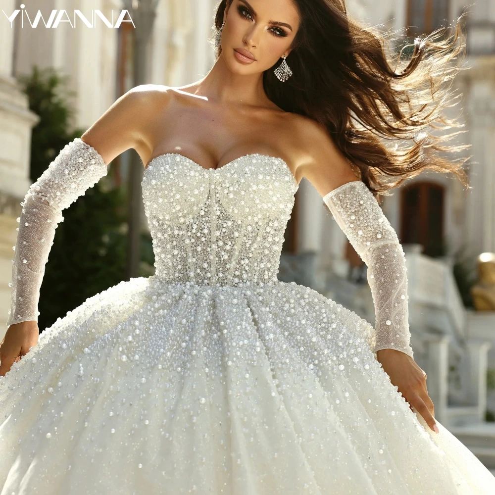 Romantic Sweetheart Neck Bridal Dress Sparkly Pearls Wedding Gown Luxury Organza Ball Gown Long Bride Robe Vestido De Novia