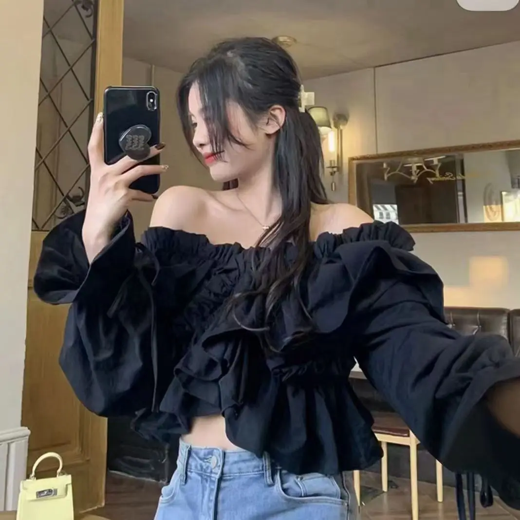 Streetwear Y2k Clothing Blouse Women Tops Shirts Ruffle Long Sleeve Crop Tops Slim Blouses White Black Blue Coffee New