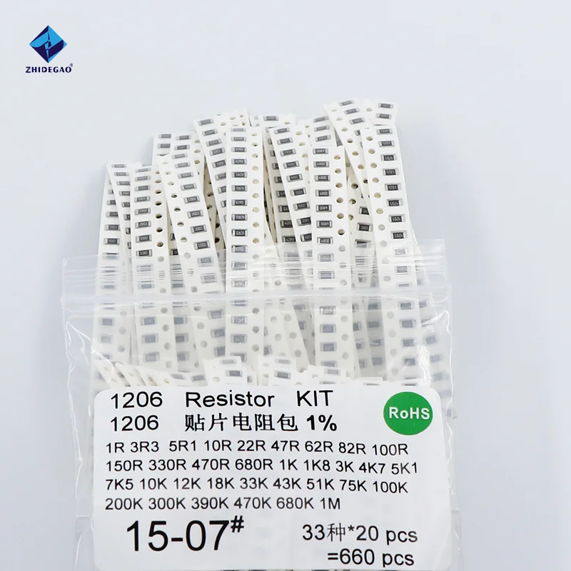SMD Resistor 5 Pieces 1206 SMD Resistor Kit Assorted 1 Ohm-1M Ohm 1% 33valuesX 20pcs = 660pcs Sample ZHIDEGAO