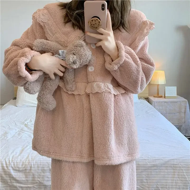 Famale Princess Style Loungewear Coral Fleece Pajamas Women Winter Sleep Clothes Thick Sweet Girls Plush Homewear Sets Pijamas