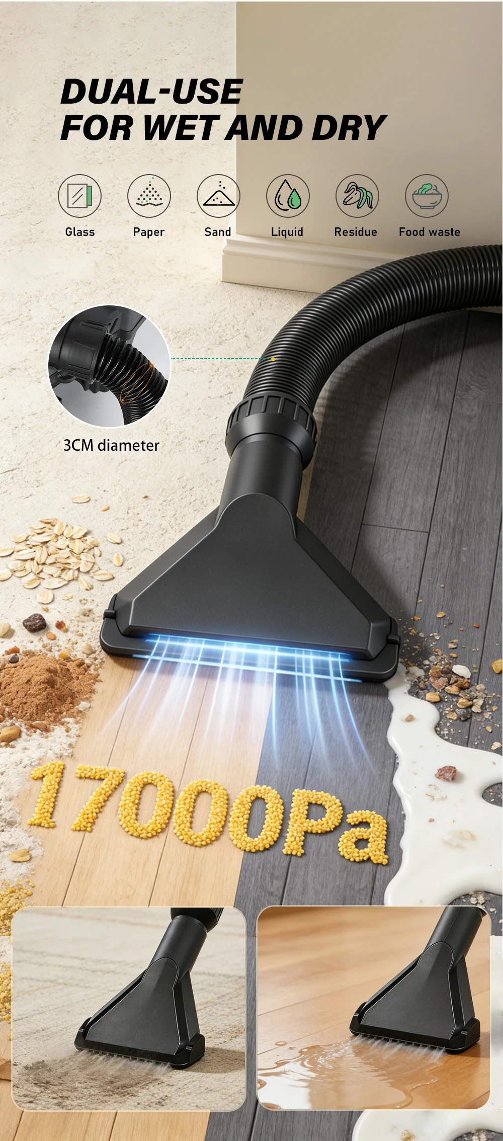 17000Pa Powerful Wet Dry Shop Vacuum 2.5M Long Hose Extension Pole Portable Vacu