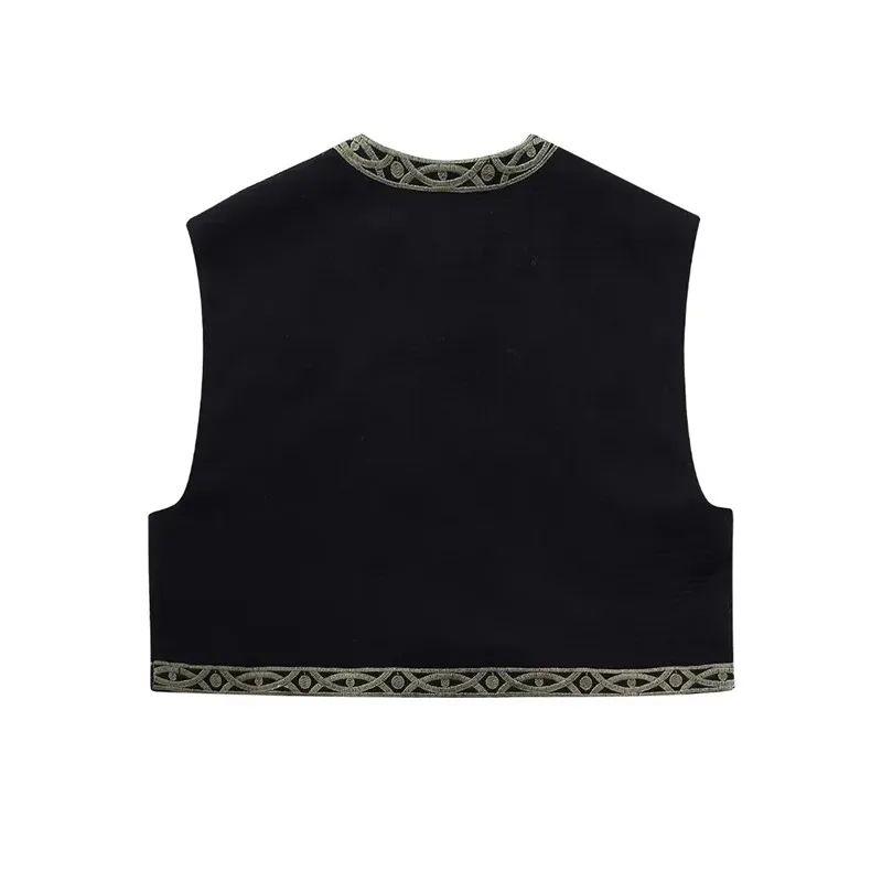 TRAF-Chaleco bordado negro para mujer, Chaqueta corta sin mangas, cárdigan Vintage, chaleco bohemio, otoño