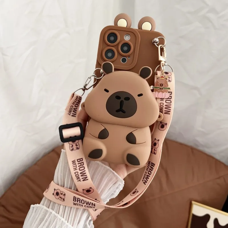 3D Cartoon Kapibala Wallet Phone Case with Rope