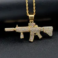 Iced Out AK47 Gun Pendant Rhinestone Stainless Steel Mens Necklace Hiphop Jewelry 1