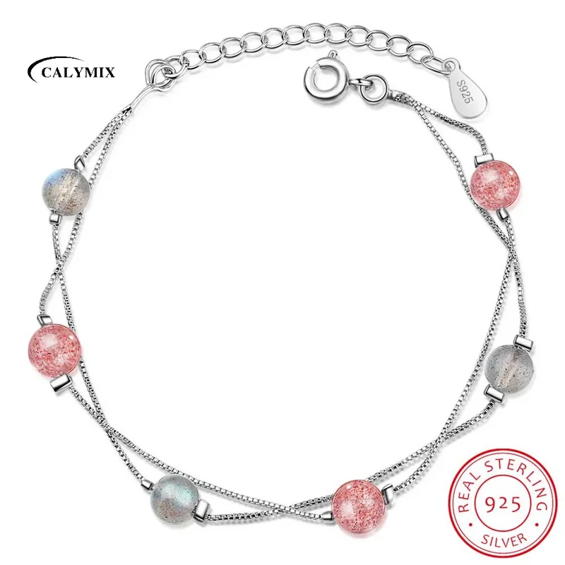 

Double Layer Ladies' Bracelets Natural Moonstone & Pink Strawberry Crystal 925 Silver Bracelet for Girls Lucky Charm YBR097