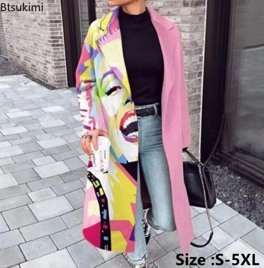 여성용 따뜻한 울 오버코트, 플러스 사이즈, 4XL, 5XL, 가을, 겨울, 프린트 가디건, 우아한 아웃웨어, 오피스 레이디, 루즈 코트 혼방