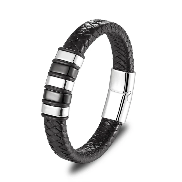 Classic Black Leather Wrap Bracelet for Men Metal Magnetic Clasp Fashion Bangle Bracelet Birthday Gift A7897-Silver-23cm