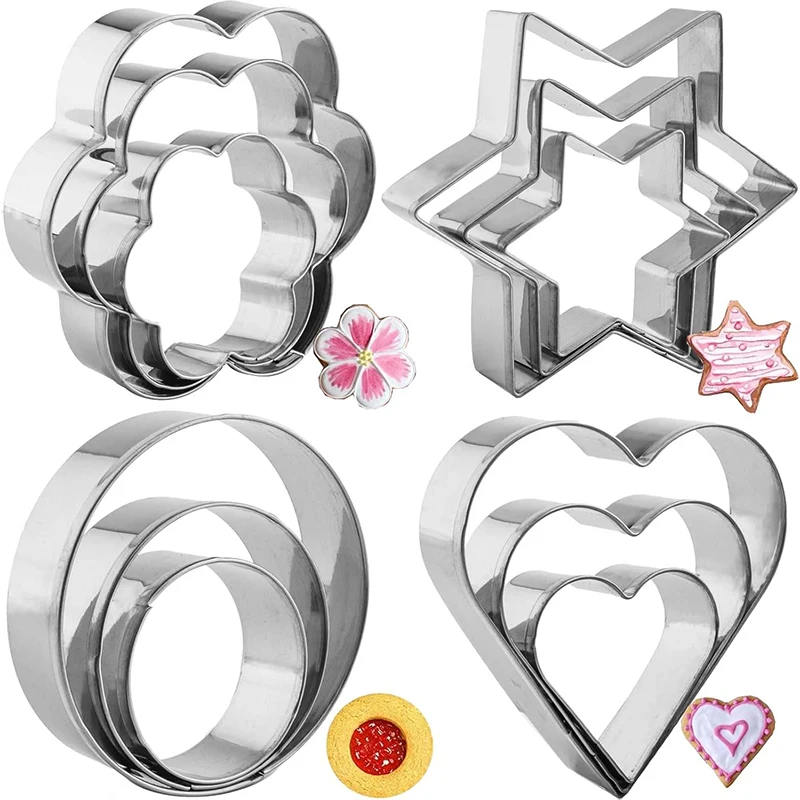 12Pcs Mini Cookie Cutters Set cookie cutter baking mold cookie mould Stainless Steel Biscuit Mold Heart Star Round Flower Biscuit Cutters Kit Cookie Mold Baking Tools