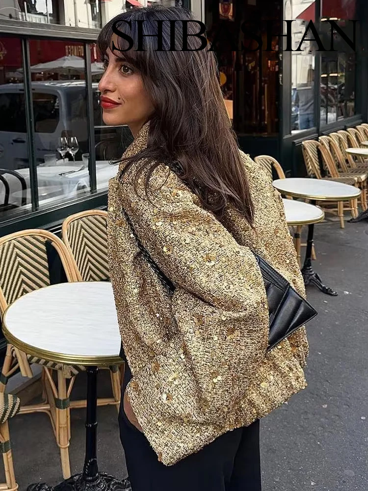 HH Women Fashion Shiny Sequin Jacket Y2k Gold Color Stand