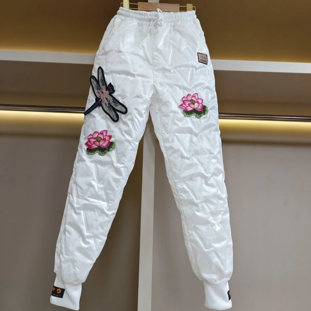 

Thicken White Duck Down Cotton-padded Trousers New Winter Fashion Elastic Waist Warm Lotus Dragonfly Embroidery Harem Pants