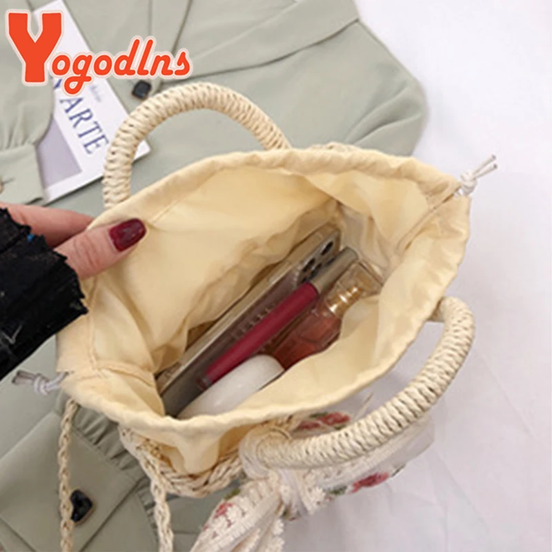 Floral Embroidery Bow Decor Straw Bag Woven Hollow Shoulder Bucket Bag Holiday Beach Bag Summer Crossbody Bag Handbag