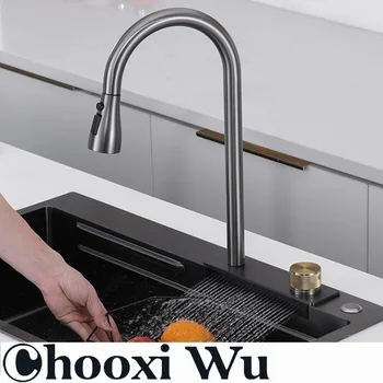 CHOOXIWU - น้ําตกอ่างล้างจานดึงประเภทก๊อกน้ําห้องครัวร้อนเย็นผสมผักอ่างล้างหน้าหลายช่องน้ําหมุน Flying Rain TAP 2