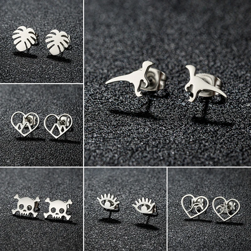 Tiny Tyrannosaurus Rex Earings Punk Skull Eyes Mini Orecchini A Bottone In Acciaio Inossidabile Gioielli Minimalisti Wave Leaves Ear Brincos