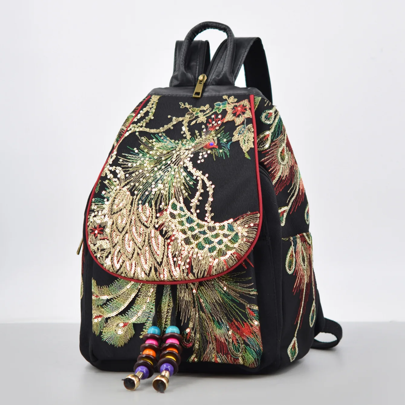 thumbnail image 1 of Bolso de mujer nuevo con bordado de estilo étnico, bolso con bordado de pavo real, mochila de lona para el hombro, 1 of 4