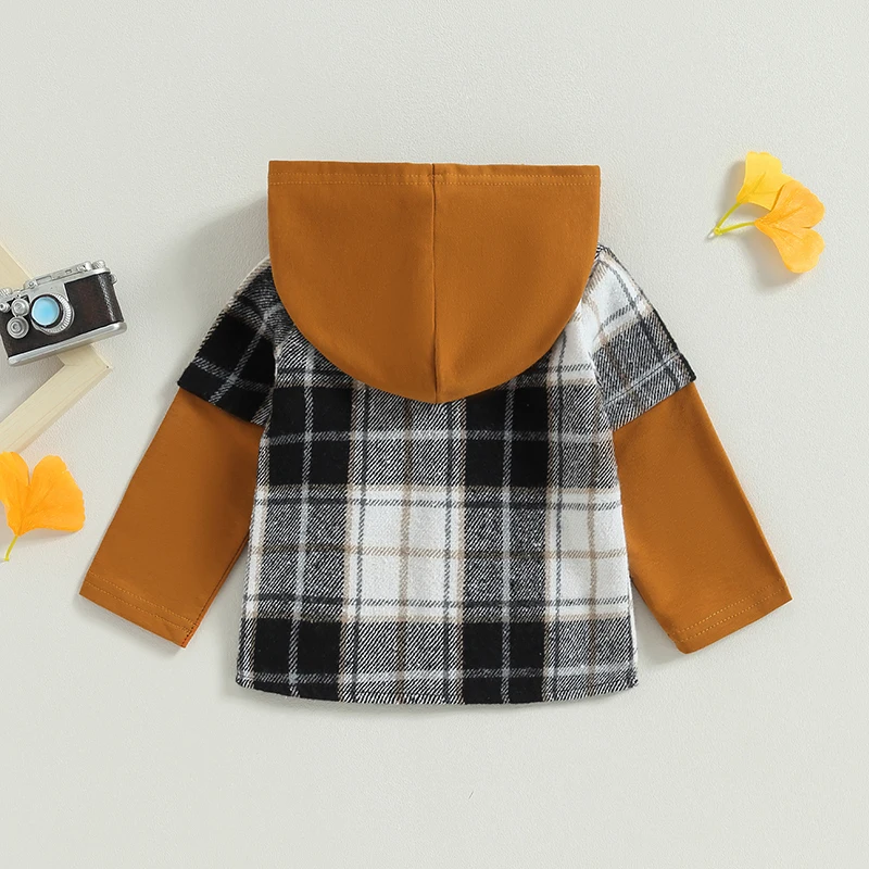 SUNSIOM Baby Boys Shirts Plaid Patchwork Long Sleeve Hooded Turn-Down Collar Buttons Toddler Hoodies Fall Infant Tops