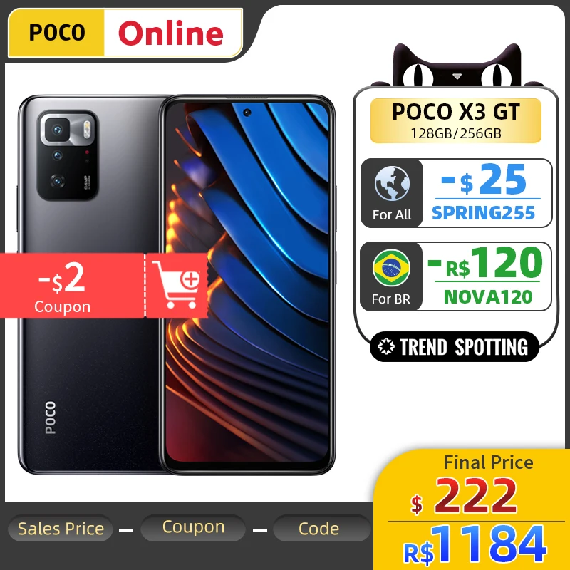 Глобальная версия POCO X3 GT 5G 128 ГБ/256 ГБ Dimensity 1100 Octa Core 67 Вт Turbo Charge 5000 мАч 6 '𧄠 Гц 64