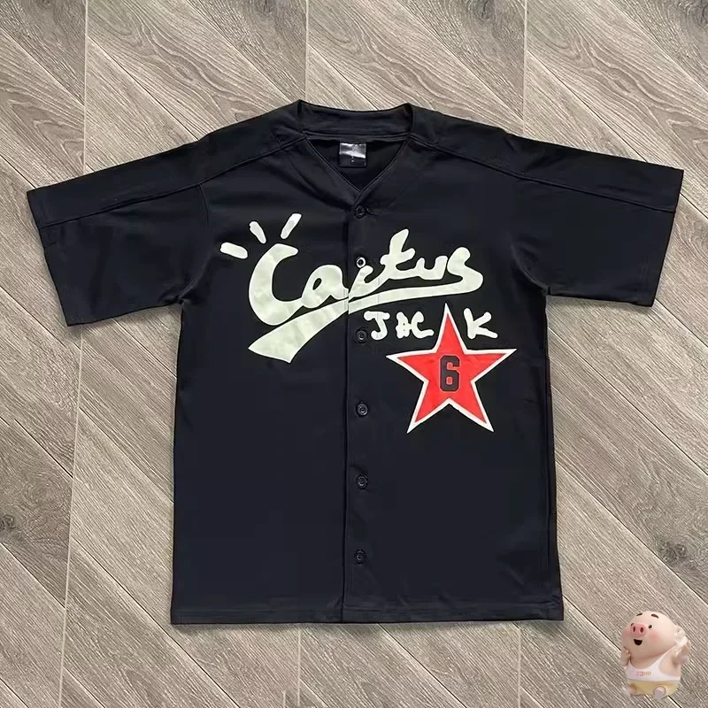 

High Street Cactus Jack Cartoon Graffiti Print Baseball Jersey T Shirt Men Women High Quality TS Short Sleeved Top Tees T-Shirt