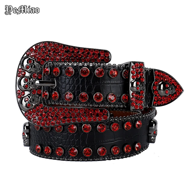 Punk Dark Rivets Rhinestone Belt Luxury Designer Leather Strap