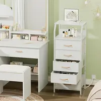 5 Drawers Dresser with Charging Station, Tall Night Stand with Open Shelf, Storage Tower with PVC & Fabric Drawer 2