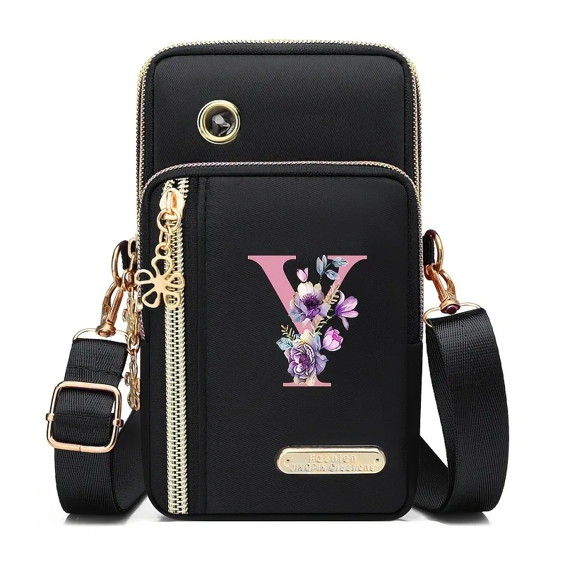 Floral Print Mobile Wallet with Zippered Card Organizer and Adjustable Strap