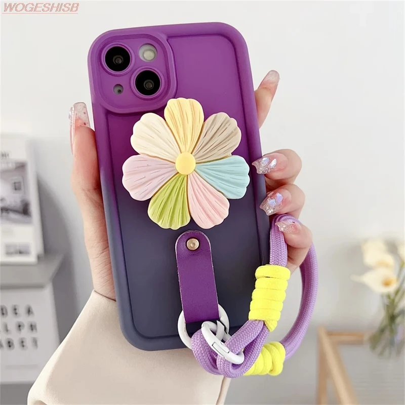 

Gradient Flower Phone Holder Case For Xiaomi Redmi Note 13 12 Pro 12S 12R 12T Civi2 Poco C3 C31 C55 Floral Bracelet Strap Cover