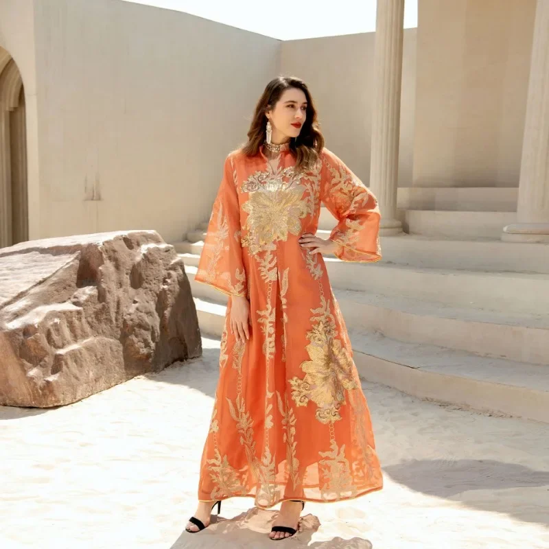 Gold Sequin Embroidery Yarn Muslim Female Robe Elegante Femme Prom Dress Dress abayat  long dresses  prom dress