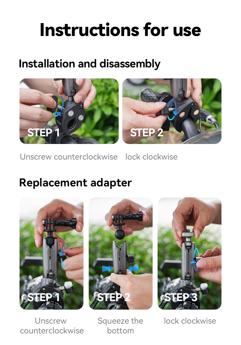 TELESIN Motorcycle Bicycle Rail Mount Clamp with 360 degree Ball Mount Clip For