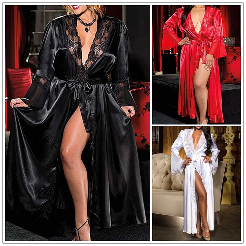 Women Sexy Lace V-Neck Bathrobe Nightdress Belt Long Sleeve Pajamas Robes Lingerie Sleepwear Nightgowns