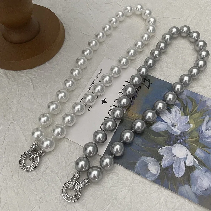 6/8/10MM Gray Simulated-pearl Beads Chain Necklace for Women Elegant Lady Long Sweater Chain Versatile High-grade Necklaces