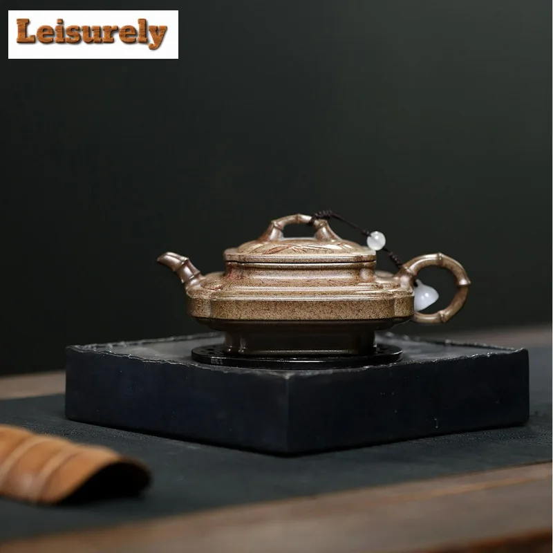 200ml Yixing Purple Clay Teapot Handmade Square Bamboo Joint Flat Pot Raw Ore Agilawood Mud Kettle With Filter Zisha Teaset Gift
