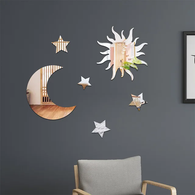 6pcs Moon & Star Mirror Wall Stickers Kids Bedroom Decor Ramadan Kareem Holiday Birthday Party Decor for Home Living Room