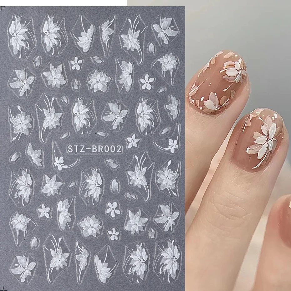 3D White Flower Nail Art Stickers Cute Floral Adhesive Sliders Acrylic Decoration Decals DIY Nail Charms Adhesive Accessories 3