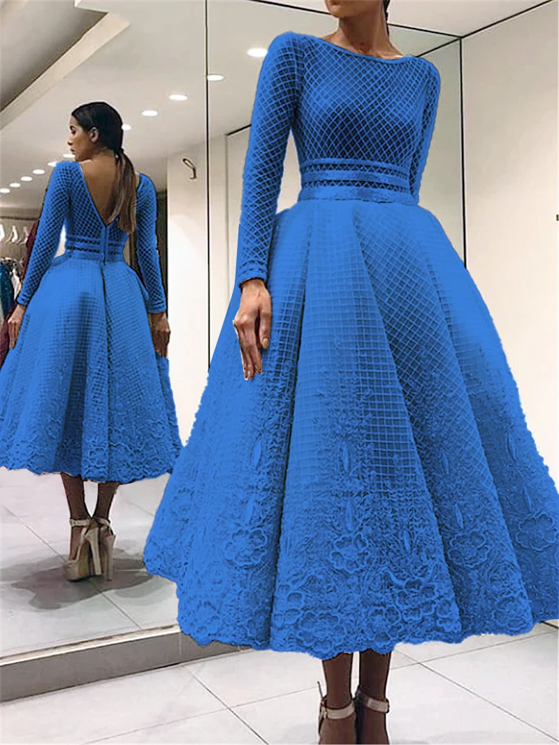 Evening Dresses Cocktail Dress Elegant Bige Color Unique Lace Cocktail Dresses Full Sleeves V-Back Tea-Length Prom Gowns Robe De Soiree Champagne Party Dresses