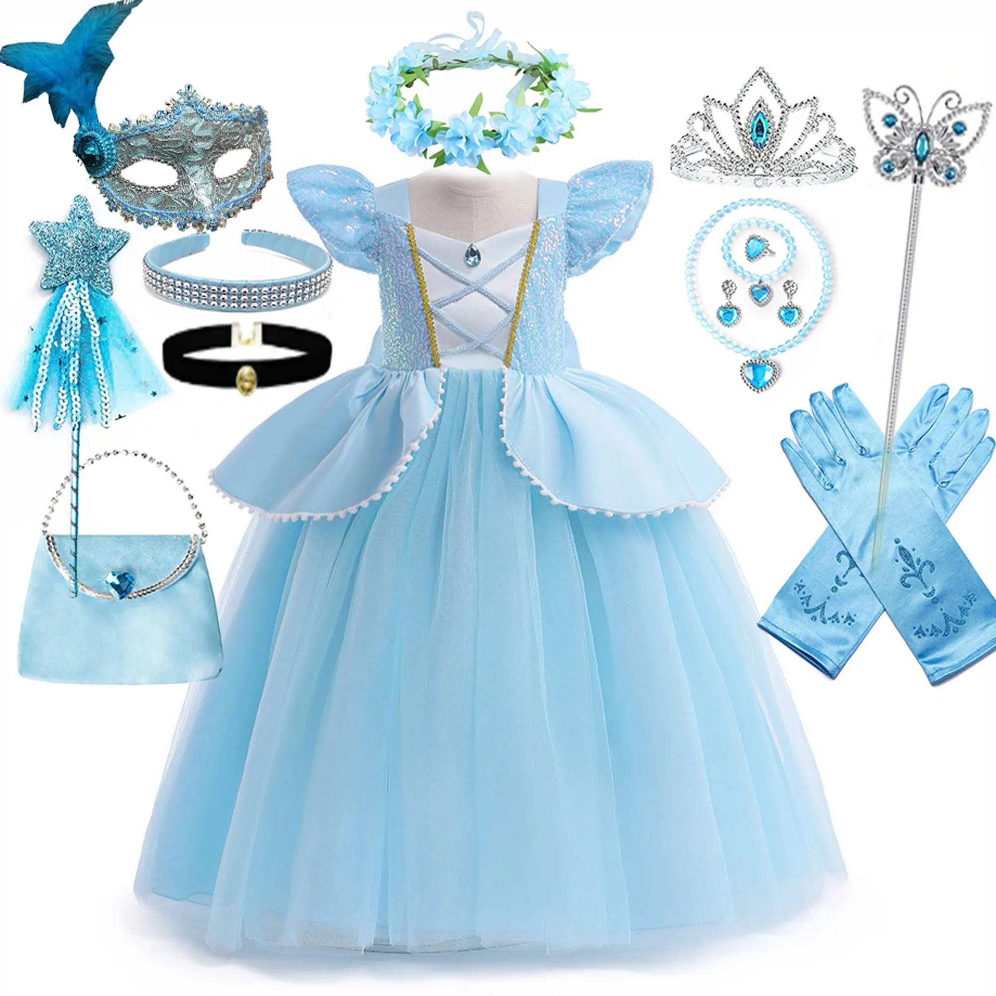 Princess Fancy Cenerentola Dress Up Costume Di Halloween Pumpkin Car Birthday Party Outfit Con Guanti Ghirlanda Per Ragazze 2-10T