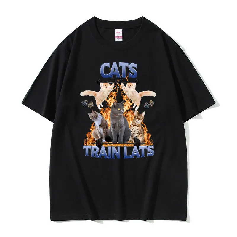 

Gym Fitness Exercise Cats Train Lats Graphic T-shirt Summer Male Oversized Short-sleeved Men Women O-collar Soft Cotton Tshirt