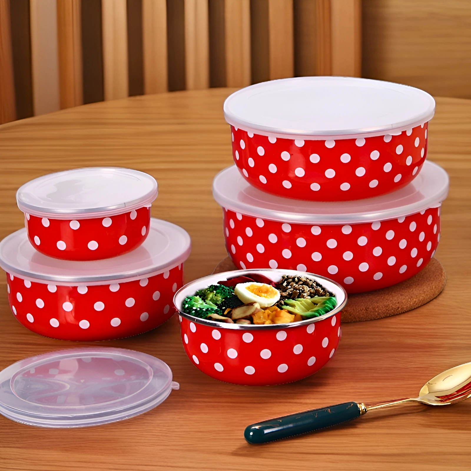 American enamel preservation bowl five-piece set with lid red and white polka dot 6