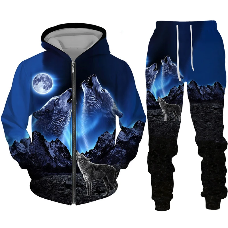 Cool Wolf 3D Print Men\'s Zipper Tracksuit Set Casual Hoodie And Pants 2pcs Sets Oversized Zipper Sweatshirt Fashion Men Clothing