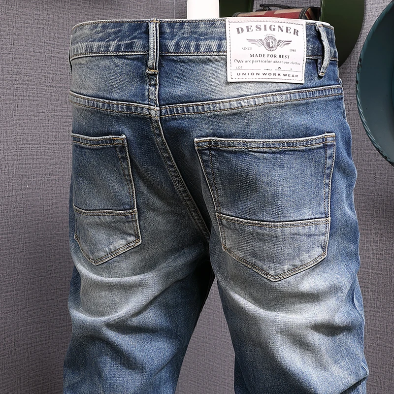 Italian Style Fashion Men Jeans High Quality Retro Blue Stretch Slim Fit Ripped Jeans Men Vintage Designer Denim Pants Hombre