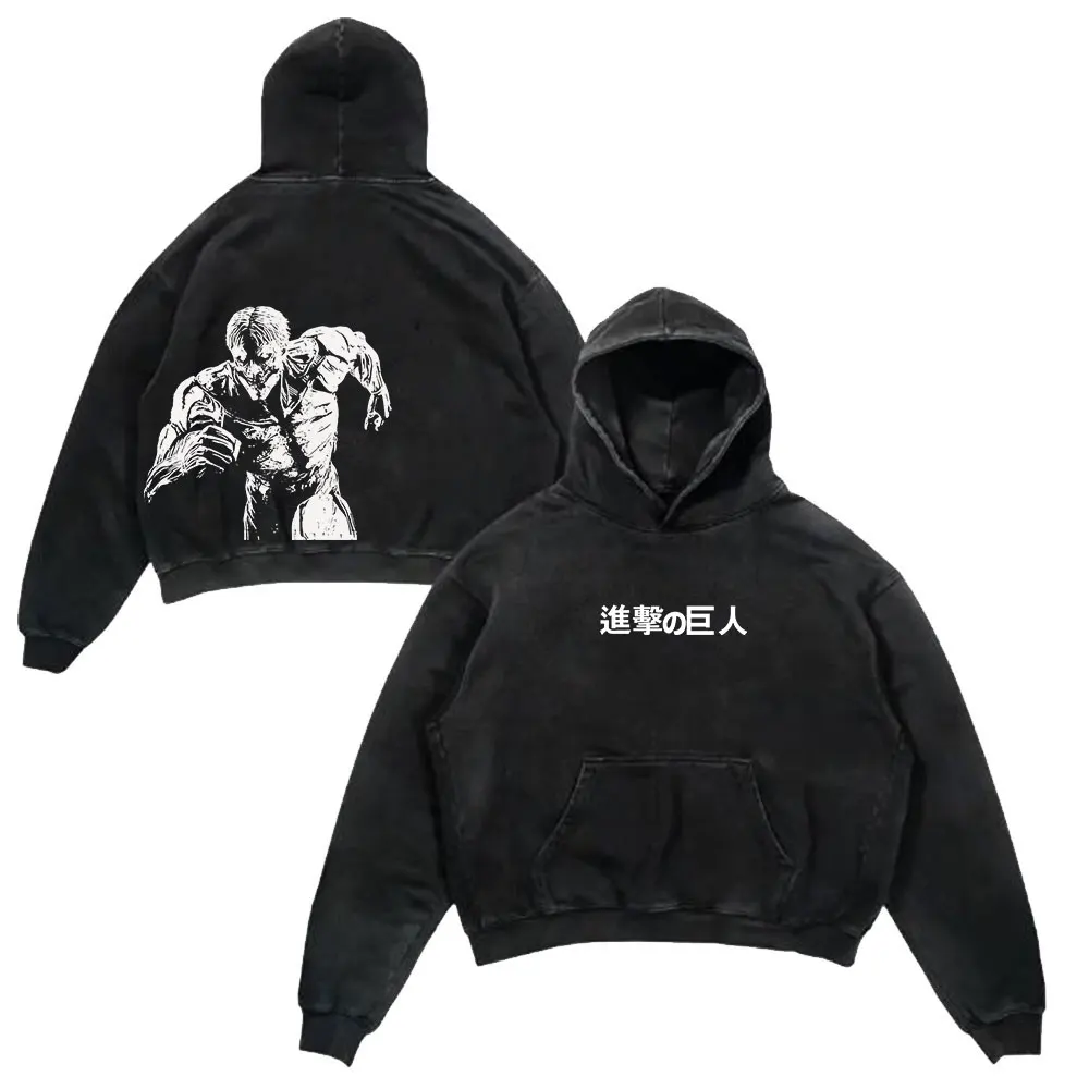 Anime Cotton Washed Hoodies Graphic Vintage Attack On Titan Print Y2K Hooded Sweatshirts Oversized Aesthetic Streetwear Pullover